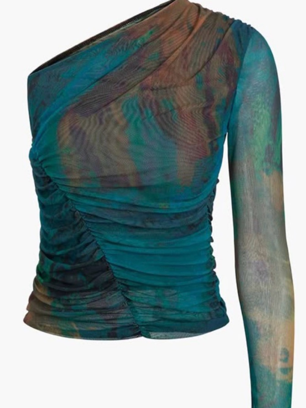 Zara Teal and Green One-Shoulder Ruched Mesh Top